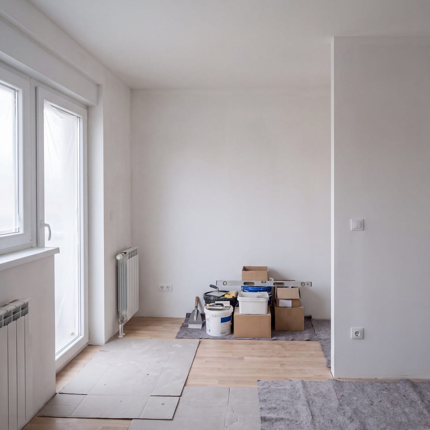 Gletani zidovi i novi laminat u stanu pri kraju adaptacije, alat složen uz zid